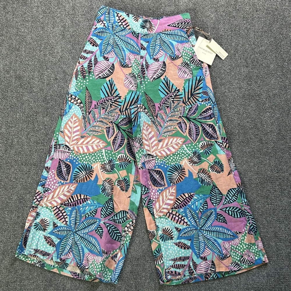 Cynthia Rowley Pants Womens Small Multicolor Linen Cropped Wide Leg Tropical